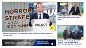 AUF1 reitet mit 2 Videos zum Bußgeldbescheid aus (Schreenshot Website AUF1, 6.3.24)