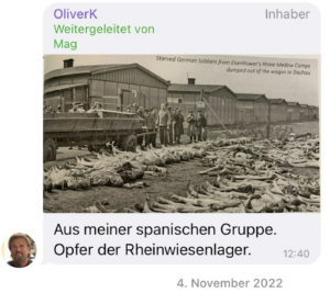Posting Oliver Kloth: Gibt im KZ Dachau ermordete Häftlinge als "Opfer der Rheinwiesenlager" aus. Unter Verwendung des Fotos: US-Journalisten am 4. Mai 1945 im KZ Dachau: Rund 200 Leichen ermorderter Häftlinge liegen aufgereiht am Boden (Screenshot TG 4.11.22)