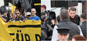 li.: Jan Staudigl als Bannerträger bei der Identitären-Demo am 29.7.23 in Wien; re.: Staudigl kurz nach dem Angriff auf den Kameramann von Puls24 am 14.3.24 in Wien-Favoriten (Bild 1: Ausschnitt Recherche.Netzwerk.Berlin; Bild 2: Screenshot Video Presseservice Wien)