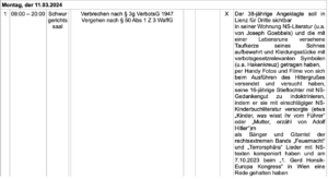 Anklage nach dem Verbots- und Waffengesetz: "Der 38-jährige Angeklagte soll in Lienz für Dritte sichtbar in seiner Wohnung NS-Literatur (u.a. von Joseph Goebbels) und die mit einer Lebensrune versehene Taufkerze seines Sohnes aufbewahrt und Kleidungsstücke mit verbotsgesetzrelevanten Symbolen (u.a. Hakenkreuz) getragen haben, per Handy Fotos und Filme von sich beim Ausführen des Hitlergrußes versendet und versucht haben, seine 16-jährige Stieftochter mit NS- Gedankengut zu indoktrinieren, indem er sie mit einschlägiger NS-Kinderbuchliteratur versorgte (etwa „Kinder, was wisst ihr vom Führer" oder „Mutter, erzähl von Adolf Hitler")m [sic!] als Sänger und Gitarrist der rechtsextremen Bands „Feuernacht" und „Terrorsphära" Lieder mit NS-texten komponiert haben und am 7.10.2023 beim '1. Gerd Honsik-Europa Kongress' in Wien eine Rede gehalten haben" (Verhandlungskalender LG Innsbruck)