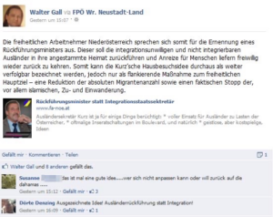 "Freiheitliche Arbeitnehmer NÖ" fordern die Deportation von „integrationsunwilligen und nicht integrierbaren“ Ausländern. Ein verurteilter Neonazi (Dörte Denzing) spendet Applaus (Screenshot FB 2012)