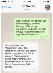 Strache an Hilmar Kabas: "Reizt dich eigentlich irgendein Aufsichtsrat?" (6.1.2019; Grafik SdR)