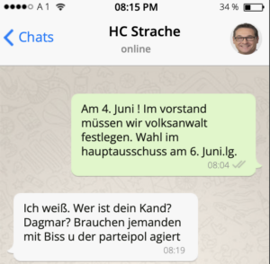 Kickl an Strache bzgl. FPÖ-Besetzung Volksanwaltschaft: "Brauchen jemanden mit Biss u der parteipol agiert" (14.5.19; Grafik SdR)