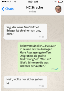 Strache an Kunasek zum neu ernannten Generalstabschef Brieger: "Brieger eh einer von uns, oder?" Kunasek: "Selbstverständlich" (16.8.18; Grafik SdR)