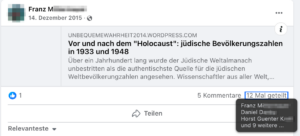 Franz M. verlinkt Holocaustleugnung und teilt dieses Posting weitere 9 Mal (Screenshot FB 14.12.15)