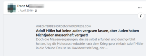Franz M.: "Adolf Hitler hat keine Juden vergasen lassen, aber Juden haben Nichtjuden massenhaft vergast!" (Screenshot FB 1.4.16)