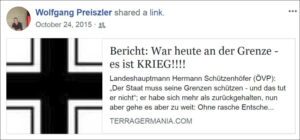 Preiszler teil Blog, in dem Holocaust geleugnet wird (Screenshot FB 24.10.15)