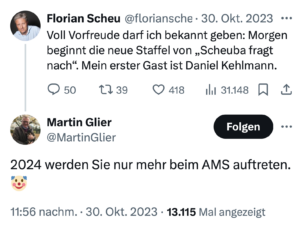 Tweet Scheuba und Antwort Glier (30.10.23)
