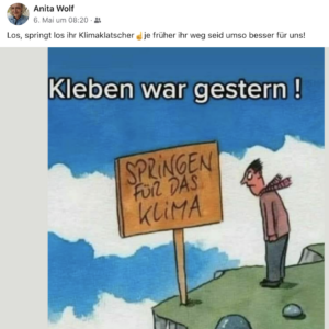 Anita Wolf über Klimakleber (Screenshot FB 6.5.24)