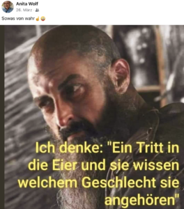 Anita Wolf Tritt in die Eier (Screenshot FB 26.3.24)