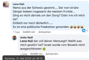 Anita Wolf über ESC und Israel (Screenshot FB 12.5.24)