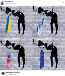 FPÖ-Gemeinderätin Karin Bauer findet Ukraine, Israel, USA, EU zum Kotzen (Screenshot FB 18.2.24)