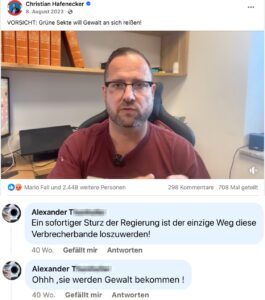 Alexander T. bei Hafenecker: Sturz der Regierung und Gewaltandrohung (Screenshot FB)
