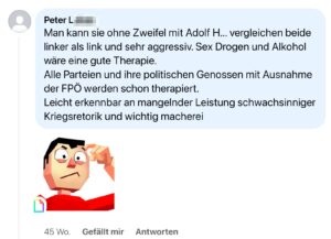 Peter L. über Meinl-Reisinger: "Man kann sie ohne Zweifel mit Adolf H. vergleichen" (Screenshot FB 25.6.23)