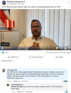 Johann G. über den ORF: „Nazi Sender”; Gerard M. zur Justizministerin (Screenshot FB 20.9.23)