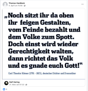 Hardteck mit Nazi-Spruch (Screenshot FB 4.4.24)