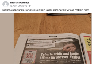 Hardteck über Geflüchtete (Screenshot FB 18.4.24)