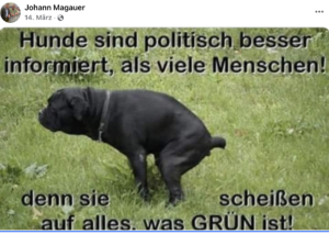 Johann Magauer (FPÖ Hofkirchen) "Hunde scheißen ..." (Screenshot FB 14.3.24)