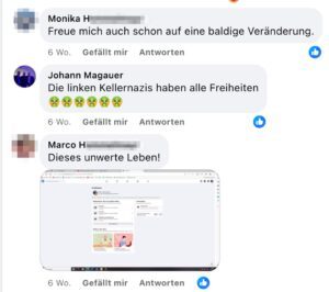 Johann Magauer (FPÖ Hofkirchen): "linke Kellernazis"; Marco H.: "unwertes Leben" (Screenshot FB 18.2.24)