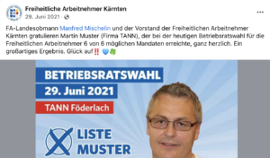 "Freiheitliche Arbeitsnehmer Kärnten" gratulieren Muster zur Betriebsrtaswahl (Screenshot FB 29.6.21)