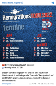 Freiheitliche Jugend OÖ liefert mit ihrer "Remigrationstour 22" die Blaupause für die Identitären (Screenshot Telegram 22.6.22)