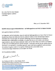 Stellungnahme von Ruth Wodak zur Streichung der Opfer auf der Stele