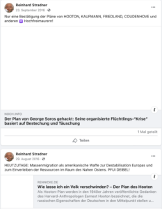 Stradners Verschwörungsgeraune zu Soros, Hooton-Plan – Stradner verlinkt zum Neonazi-Musiker Frank Rennicke (Screenshot FB 23.9.16 und 29.8.16)