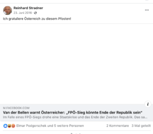 Stradner zur Wahl von Van der Bellen: "Ich gratuliere Österreich zu diesem Pfosten!" (Screenshot FB 23.6.16)