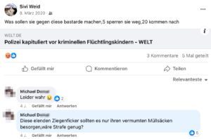 Weidinger likt Kommentar "Diese elenden Ziegenficker ..." (Screenshot FB 8.3.20)