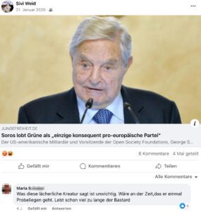 Weidinger likt Kommentar "... lächerliche Kreatur ... Bastard" (Screenshot FB 21.1.20)