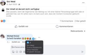 Weidinger likt Kommentar „Scheiß Kanaken” (Screenshot FB 6.4.20)