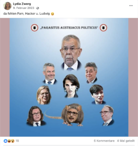 Lydia Zwerg: Dehumanisierung – Politiker*innen als Parasiten und Ratte (Screenshot FB 9.2.23)