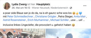 Lydia Zwerg: "linkes Ungeziefer" (Screenshot FB 26.5.24)