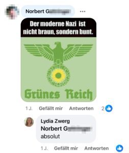 Norbert G u. Lydia Zwerg: "moderner Nazi" (Screenshot FB 16.5.23)