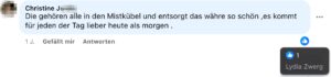 Lydia Zwerg likt in den Mistkübel entsorgt (Screenshot FB 9.2.23)