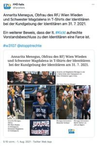 Annarita & Magdalena Menegus bei der Identitären-Demo am 31.7.21 an vorderster Front (Screenshot Tweet FPÖ Fails 1.8.21)