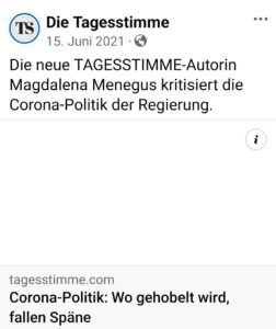 Magdalena Menegus in der identitären Tagesstimme (Screenshot Facebook 15.6.21)