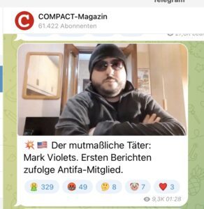 Falscher Täter bei Compact: "Antifa-Mitglied" (Screenshot TG Compact 14.7.24)