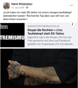 Mario W. über SdR und mit Landser-Tattoo (Screenshot FB 17.7.15 und 5.10.20)