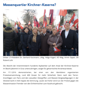 Roland Lohr (mitte links, 2. Reihe mit Haube und Brille) 2016 bei einer Identitären-Demo, die in Reaktion auf die sexuellen Übergriffe in der Silvesternacht in Köln organissiert wurde. Damals hatte Lohr bereits Missbrauchsdarstellungen auf seinen Computer geladen. (Screenshot Website FPÖ-Stmk)