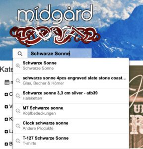 Treffer "Schwarze Sonne" (Screenshot Midgård-Versand 15.8.24)