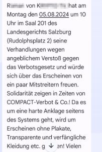 Soli-Aufruf unter Schwurblern, zum Verhetzungsprozess von Roman R. zu kommen: Fake-Info (wegen angeblichem Verstoß gegen das Verbotsgesetz): "Da es um eine harte Anklage seitens des Systems geht, wird um Erscheinen ohne Plakate, Transparente und verfängliche Kleidung etc. gebeten" (Screenshot Telegram)