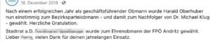 Grazer Ex-Stadtrat wird trotz Verurteilung Ehrenobmann (Screenshot FB 18.12.18)