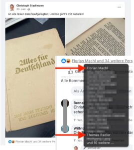 Posting Stadlmann "Alles für Deutschland" und Likes von Florian Mach (report24) und Thomas Radler (FPÖ) (Screenshot FB 23.6.24)