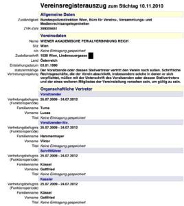 Wiener akademische Verbindung Reich, Vereinsregister-Auszug 2010