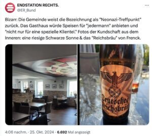 Die in Ö verbotene "Schwarze Sonne" an der Decke und "Deutsches Reichsbräu" im "Eisenen Löwen" von Frenck in Brattendorf (Screenshot X Endstation Rechts 25.10.24)