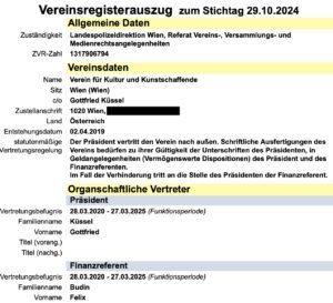 Verein für Kultur und Kunstschaffende, Vereinsregisterauszug 2024