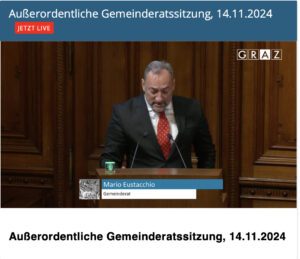 Mario Eustacchio beim Sondergemeinderat am 14.11.24 (Screenshot Videoportal Stadt Graz)