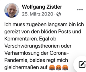 "gereizt von den blöden Posts" (Screenshot FB 25.3.20)