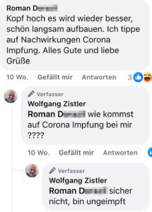 Zistler: "bin ungeimpft" (Screenshot FB 5.9.24)
